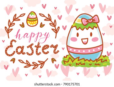 Easter greeting card. Illustration with cute smiling colored Egg character with bow and lettering, calligraphy text. Happy Easter. Hand drawn holiday art in vector cartoon style
