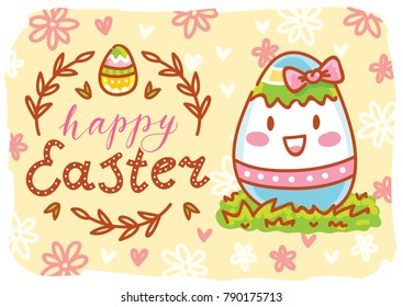 Easter greeting card. Illustration with cute smiling colored Egg character with bow and lettering, calligraphy text. Happy Easter. Hand drawn holiday art in vector cartoon style