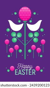 Easter greeting card. Illustration of the red clover flower  and peace dove in decorative style