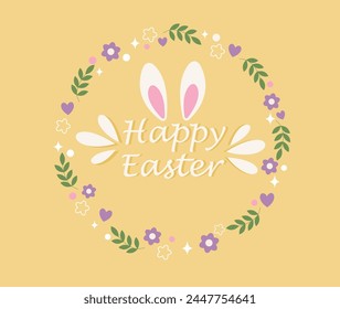 Easter greeting card. Illustrations  flowers. Happy Easter text.