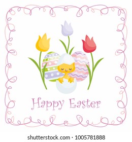 Easter greeting card with the image of cute chick and painted eggs. Vector illustration.