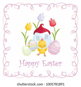 Easter greeting card with the image of cute chick and painted eggs. Vector illustration.