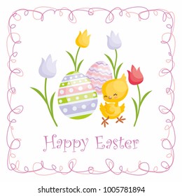 Easter greeting card with the image of cute chick and painted eggs. Vector illustration.