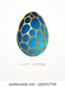Easter greeting card with an image of an Easter egg in a golden organic realistic 3d grid pattern. Jewelry decoration. Luxury ornament. Vector illustration EPS10