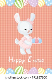 Easter greeting card with the image of lovely rabbit and painted eggs. Vector illustration.