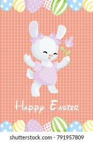 Easter greeting card with the image of lovely rabbit and painted eggs. Vector illustration.