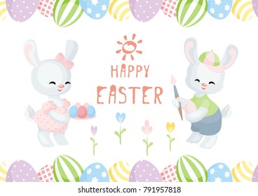 Easter greeting card with the image of lovely rabbits and painted eggs. Vector illustration.