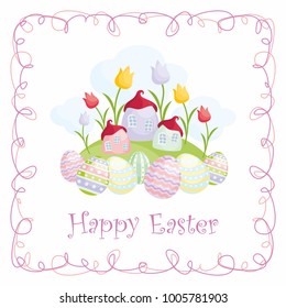 Easter greeting card with the image of  painted eggs. Vector illustration.