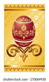 Easter greeting card the image of Easter red egg and a decorative ornament below against from brocade and two strips of a satin strip with lace.