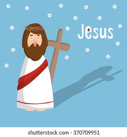 Easter greeting card, invitation with Jesus Christ and cross, vector illustration background, flat design 