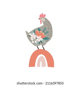 Easter greeting card, invitation with rainbow and hen isolated on white background. Farm bird, chicken with floral decor, hand drawn flowers. Spring season concept. Vector illustrations, flat design.