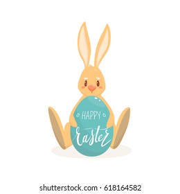 Easter Greeting Card or Invitation Template. Rabbit with Egg. Vector.