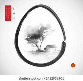 Easter greeting card in japanese sumi-e style with house and tree in easter egg on white background. Hieroglyphs - harmony, spirit, perfection