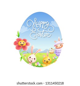 Easter greeting card - lamb bunny chicken and flower peeking behind egg shape hole