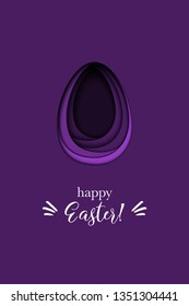 Easter greeting card with a layered paper egg and a message "happy easter"; imitation of shadow box, papercut; clean holiday background/season sale banner template in pantone color 2018, ultra violet