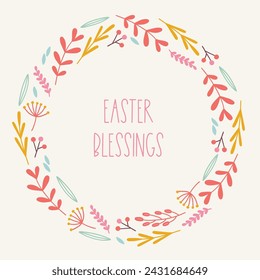 Easter greeting card with leaves and berries on white background. Circle ornament. Perfect for spring and summer holidays
