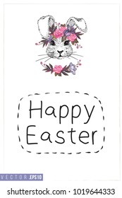 Easter greeting card with little bunny with wreath and text: happy Easter. Hand drawn illustration with paschal lettering. Spring poster for pre-Easter and post-Easter congratulations.