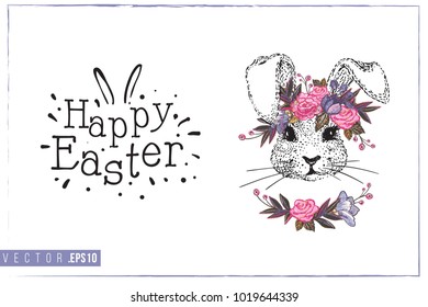 Easter greeting card with little bunny with wreath and text: happy Easter. Hand drawn illustration with paschal lettering. Spring poster for pre-Easter and post-Easter congratulations.