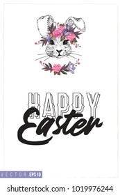 Easter greeting card with little bunny with wreath and text: happy Easter. Hand drawn illustration with paschal lettering. Spring poster for pre-Easter and post-Easter congratulations.