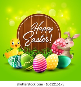 Easter greeting card with little rabbit, duck, colorful eggs, and a wooden sign