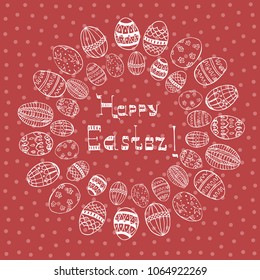 Easter Greeting Card with Mandala Made of Ornated Handdrawn Eggs. Colored Background with Polka Dots. Vector EPS 10