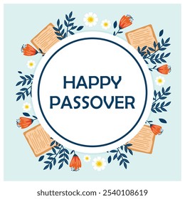 Easter greeting card with matzah and spring flowers. Jewish holiday background. Passover Day concept. Flat vector illustration.