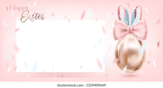 Easter greeting card with metallic pink egg with bunny design and blanc card