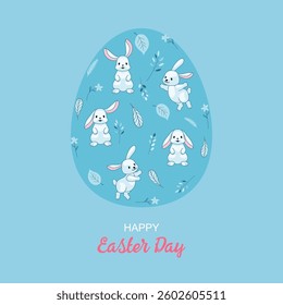 Easter greeting card. Modern background with Easter egg and hand drawn bunny, eggs, flowers