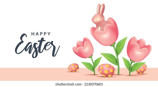 Tarjeta de felicitación de Pascua. Moderno diseño mínimo con huevos, flores y conejos para medios sociales, venta, publicidad, web.