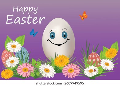 Easter greeting card with multicolored eggs in a grass with daisy, butterfly and ladybug