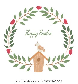 Easter greeting card with a nice wreath of branches with leaves decorated with a birdhouse and a bird on it. Hand drawn vector illustration isolated on white. Happy Easter lettering.