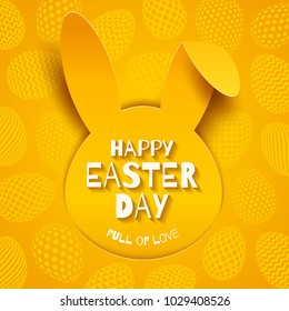 Easter greeting card. Easter greeting on a paper silhouette of rabbit head on a background with eggs. Vector illustration.