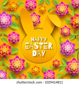 Easter greeting card. Easter greeting on a paper silhouette of rabbit head and multicolored flowers. Vector illustration.