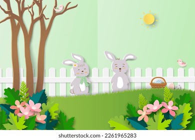Easter greeting card on paper art background with cute rabbits happy in beautiful spring garden,vector illustration