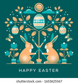 Easter greeting card with ornament in unusual style. Objects has dot texture, easy to use and modify. Easter bunnies hold brushes, sitting under tree, decorated with colored eggs. Vector illustration.