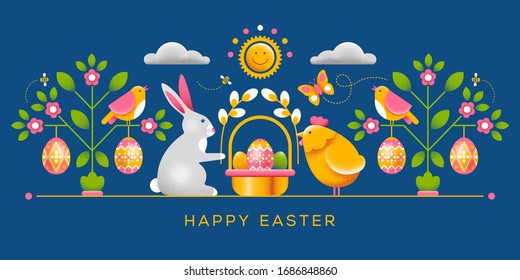 Easter greeting card with ornament in unusual style. Has dot texture, easy to use and modify. Easter bunny and little chicken with festive basket, under blooming tree, with colored eggs. Vector.