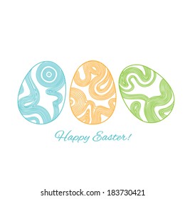 Easter greeting card with ornate linear eggs on the white background.