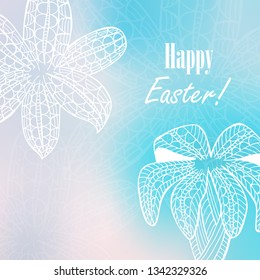 Easter Greeting Card with Ornated White Easter Lilies Placed on Blue Sky Like Mesh Background. Free Space for Text. Hand Drawn White Lilies Made in Zentangle Doodle Style.