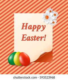 Easter greeting card with page curl, eggs and flowers.
