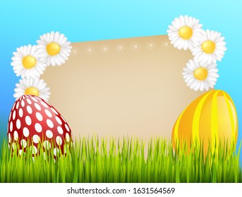 Easter greeting card with painted eggs with grass and daisy flowers. With leaf for text