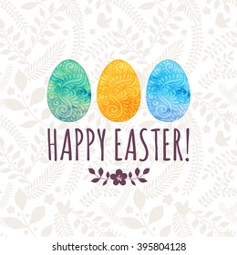 Easter greeting card with with painted eggs and floral  background