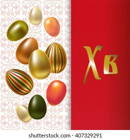 Easter greeting card with painted eggs. Vector..