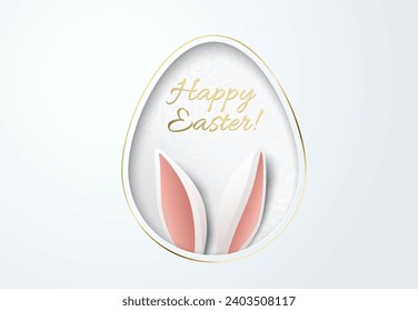 Easter greeting card with paper cut egg shape frame with bunny ears, floral pattern and gold Happy Easter lettering. White background with golden elegant line around, Easter rabbit ears