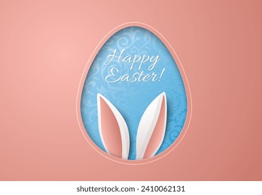 Tarjeta de saludo de Pascua con marco de forma de huevo cortado de papel con orejas conejadas, patrón floral azul y letras Happy Easter. Fondo rosa pastel con línea elegante alrededor, orejas de conejo de Pascua blanca