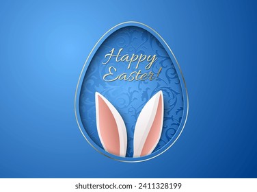 Tarjeta de saludo de Pascua con marco de forma de huevo cortado de papel con orejas conejadas, patrón floral y oro Felices pascuas. Fondo azul con línea dorada elegante alrededor, orejas blancas de conejo de Pascua