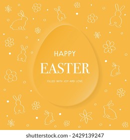 Easter greeting card with paper cut egg, hand drawn rabbits and flowers. Modern background. Vector illustration