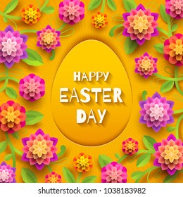 Easter greeting card. Easter paper egg with greeting and  flowers on a yellow background. Vector illustration.