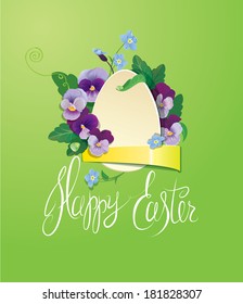 Easter greeting card with paper egg, ribbon, forget me not and pansy spring flowers