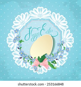 Easter greeting card with paper egg, ribbon, forget-me-not spring flowers and round lace frame on blue background, calligraphic text Happy Easter