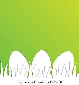 Easter greeting card with paper eggs on green background